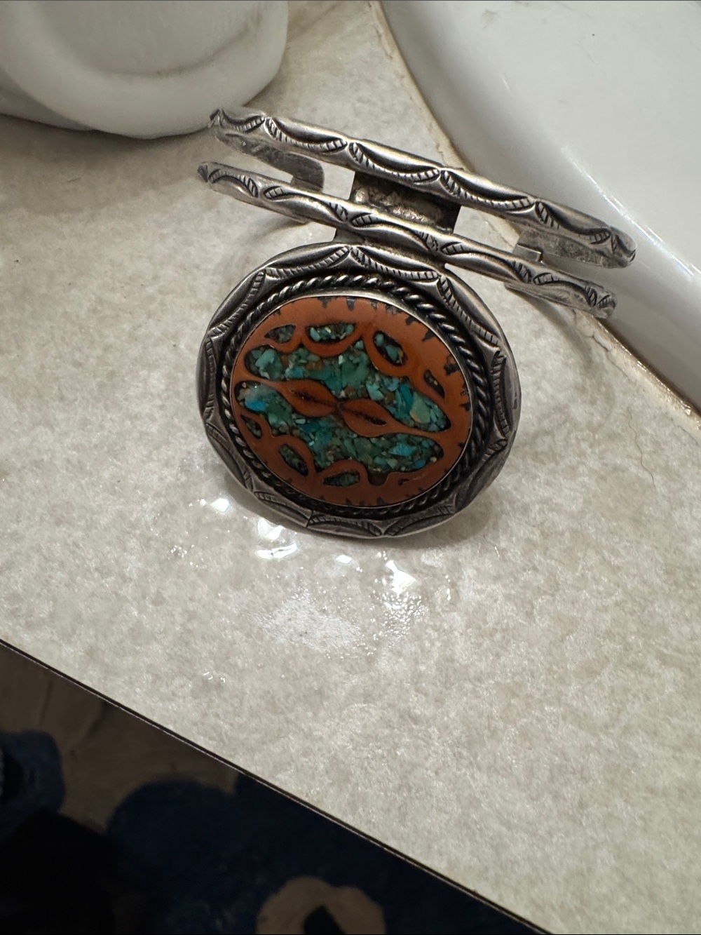 Handmade Vintage Navajo Silver Cuff Bracelet with walnut andTurquoise Inlay